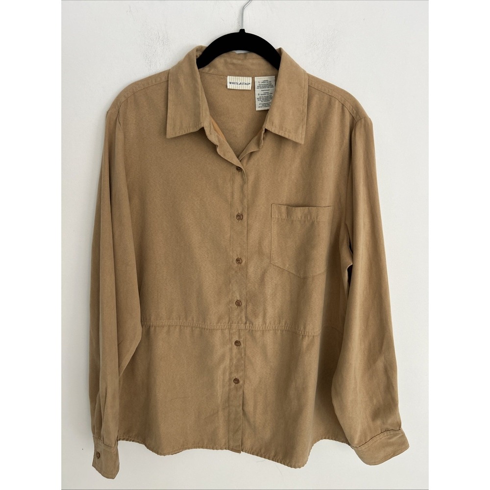White Stag Women L Long Sleeve Button Up Tan Soft Suede Look/feel Western Blouse